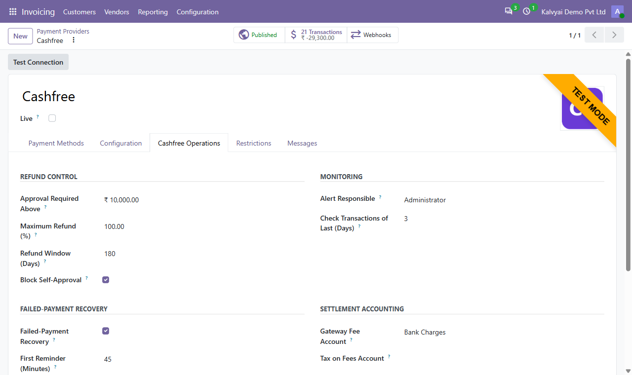 Cashfree Operations settings: refund limits, monitoring, recovery and accounts