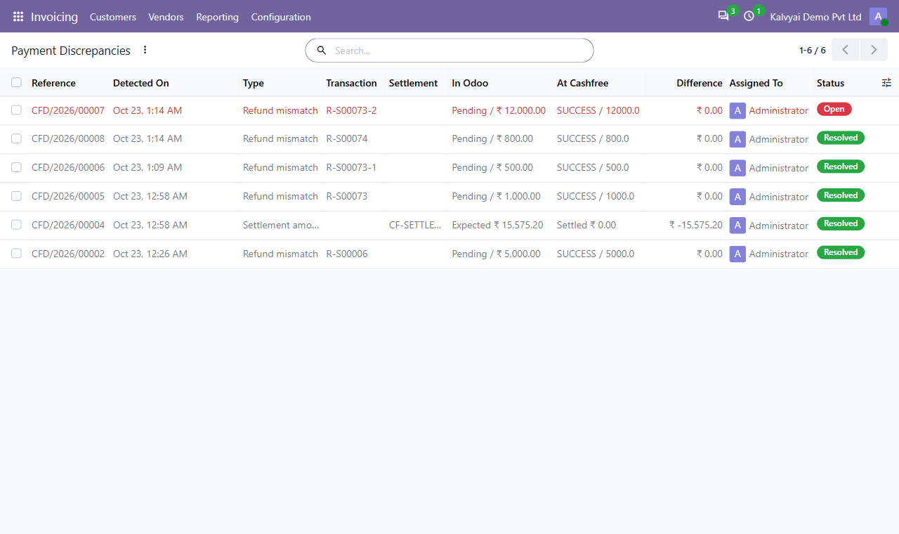 Payment discrepancies between Odoo and Cashfree