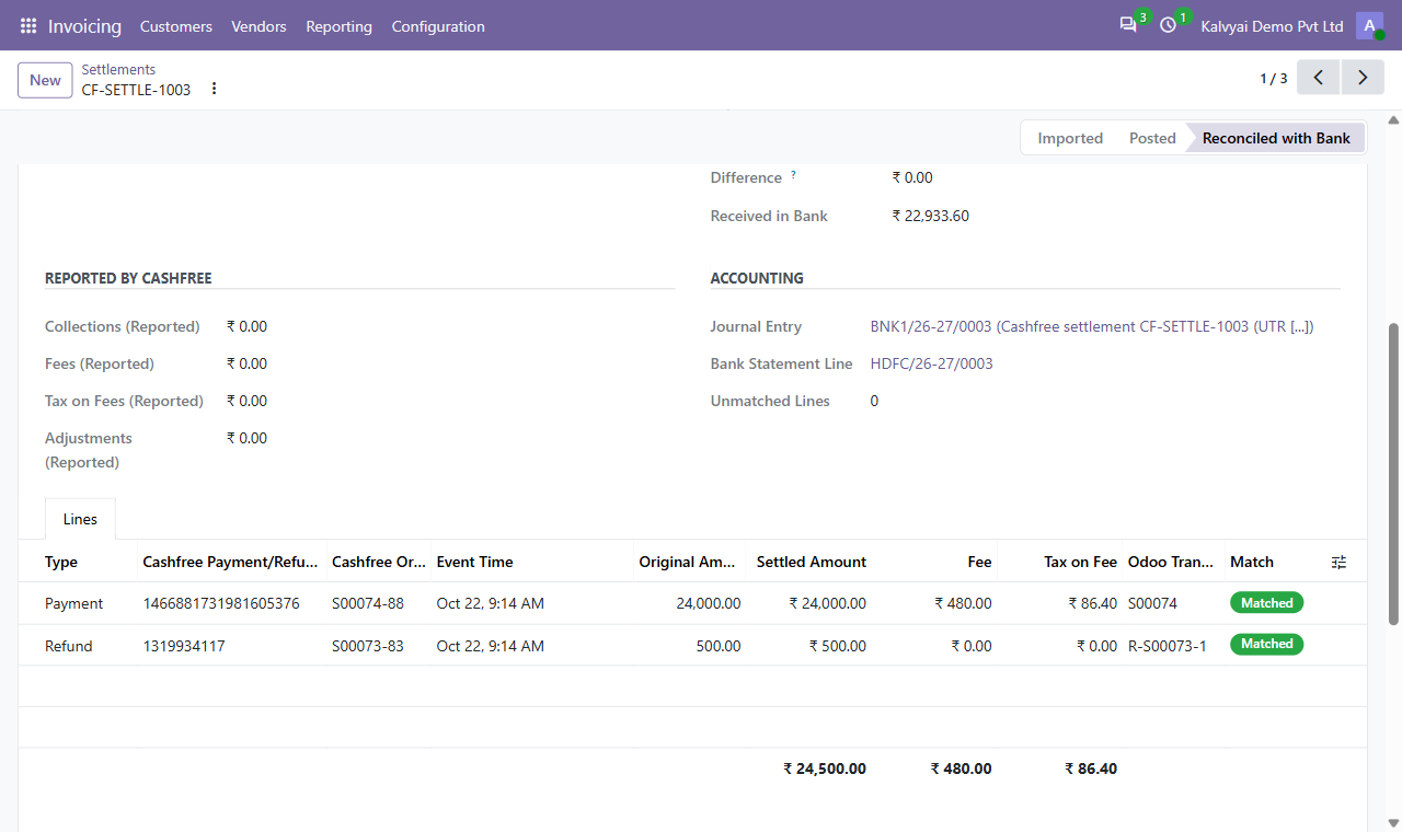 Settlement lines matched to Odoo payments and refunds
