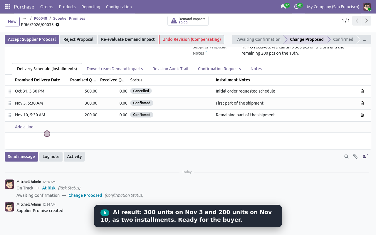 Delivery installments created by AI from a WhatsApp reply