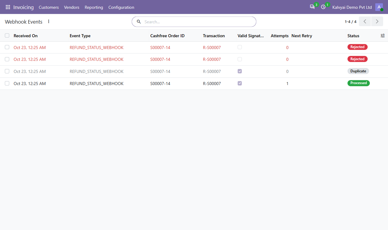 Webhook log: processed, duplicate and rejected notifications