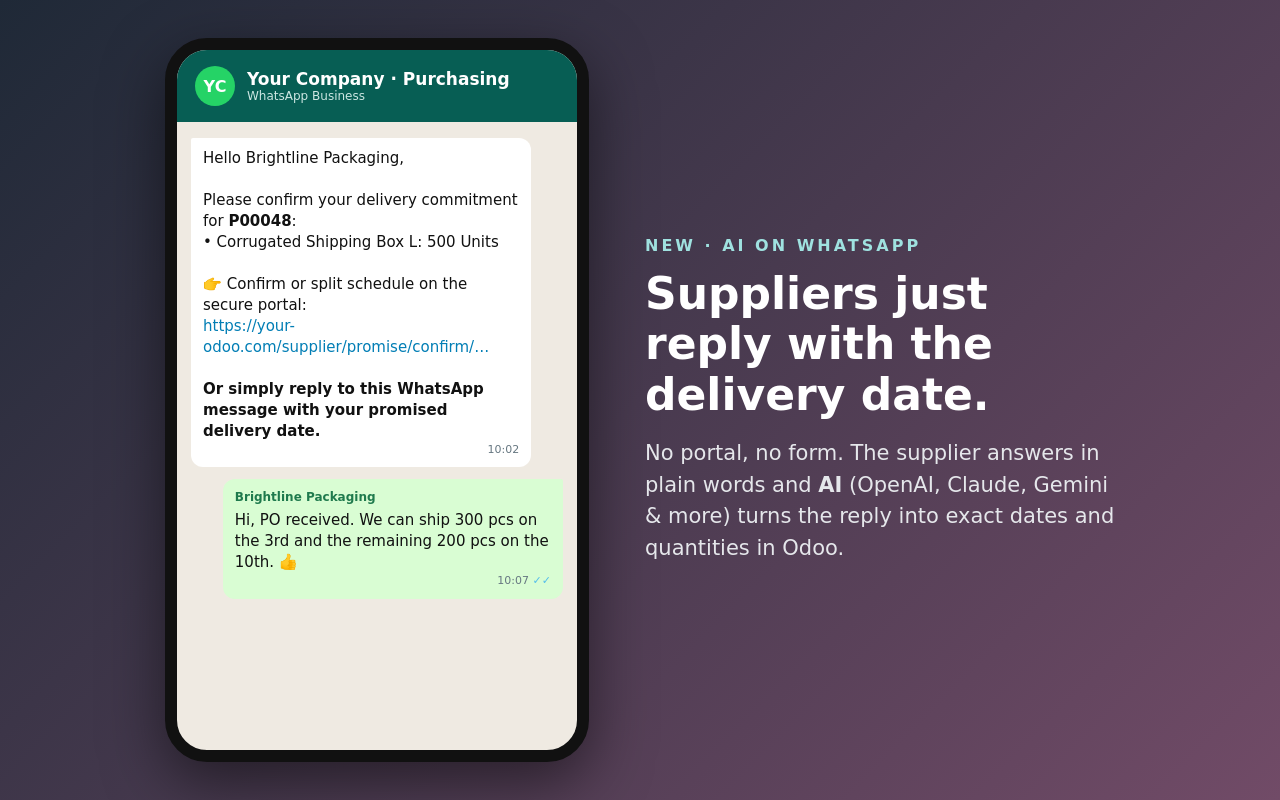 WhatsApp conversation: the supplier replies with the delivery date