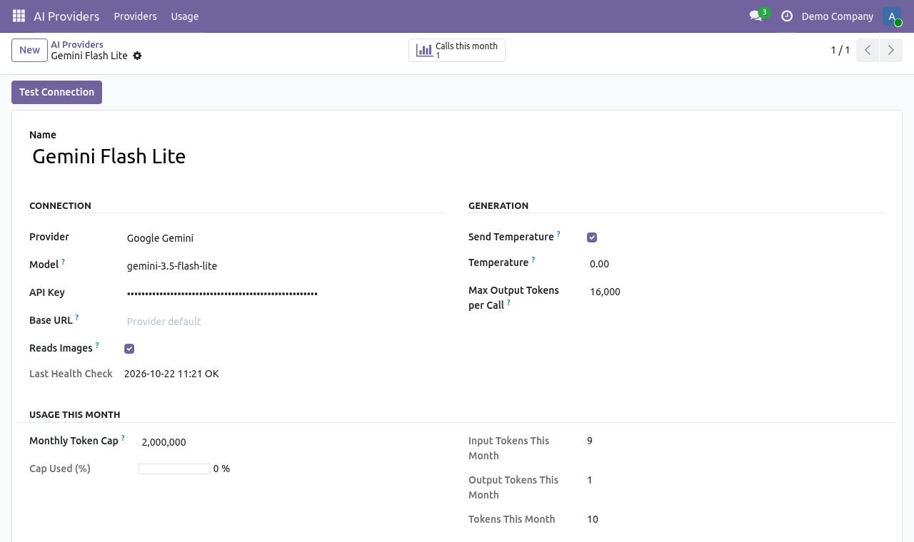 AI provider form in Odoo with API key, default model, base URL and monthly token cap