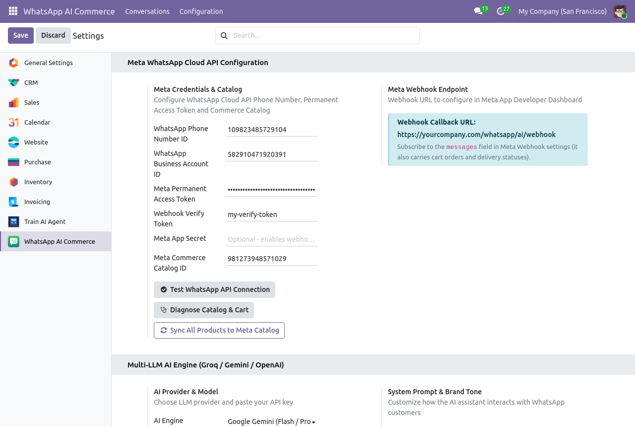 WhatsApp AI Commerce settings in Odoo: Meta Cloud API credentials and AI provider