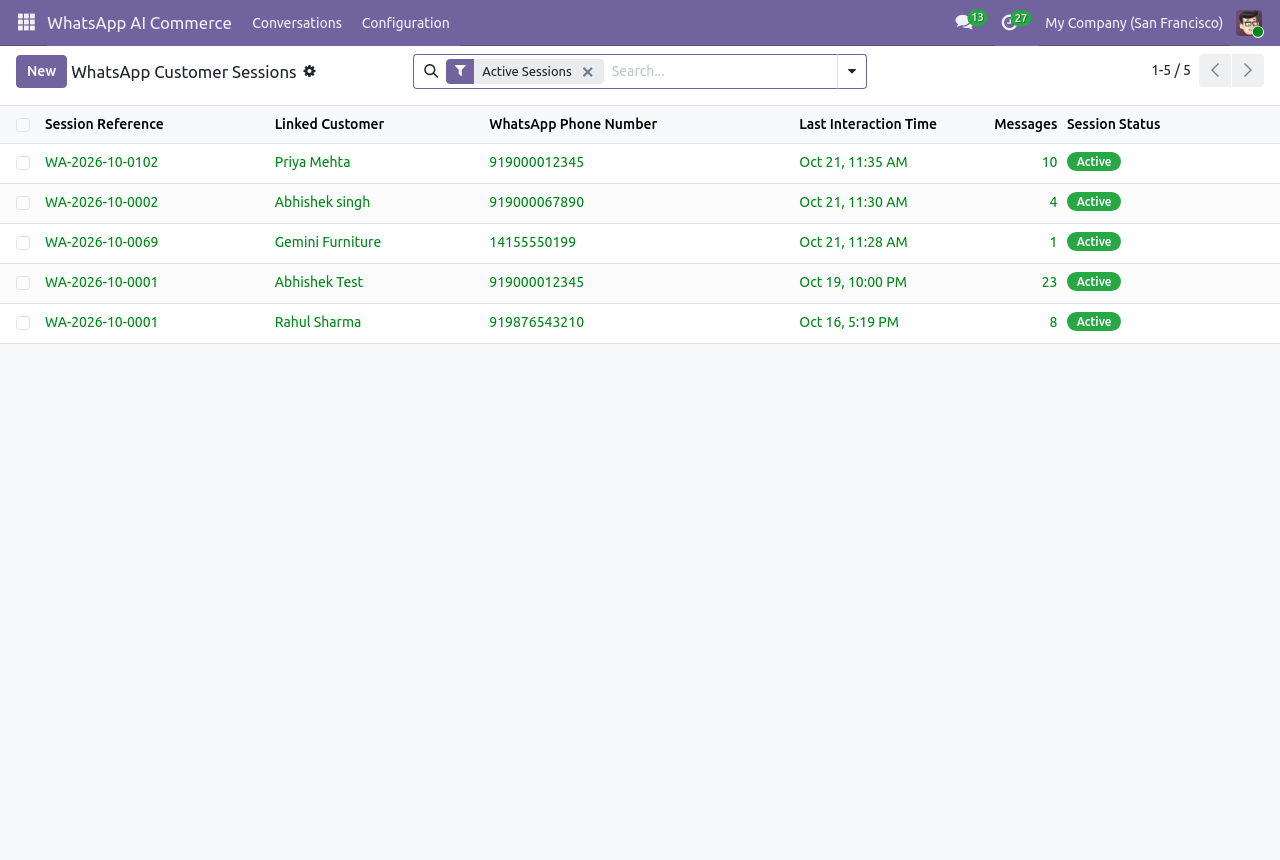 List of WhatsApp conversations in Odoo