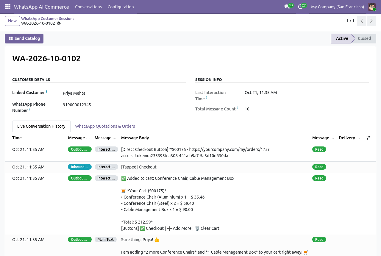 WhatsApp chat history in Odoo showing a customer ordering through the AI sales assistant