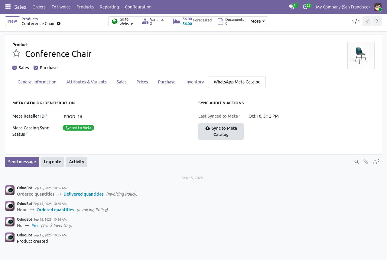Odoo product form with WhatsApp catalog sync status