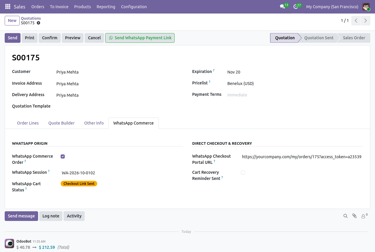 Odoo sales order with a Send WhatsApp Payment Link action